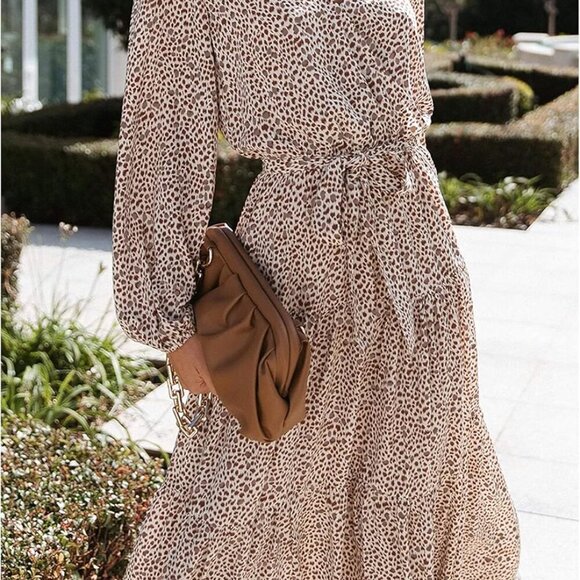 Womens Spring Long Sleeve Wrap V Neck Ruffle Floral Maxi Dress Casual Tie Waist - Picture 4 of 5